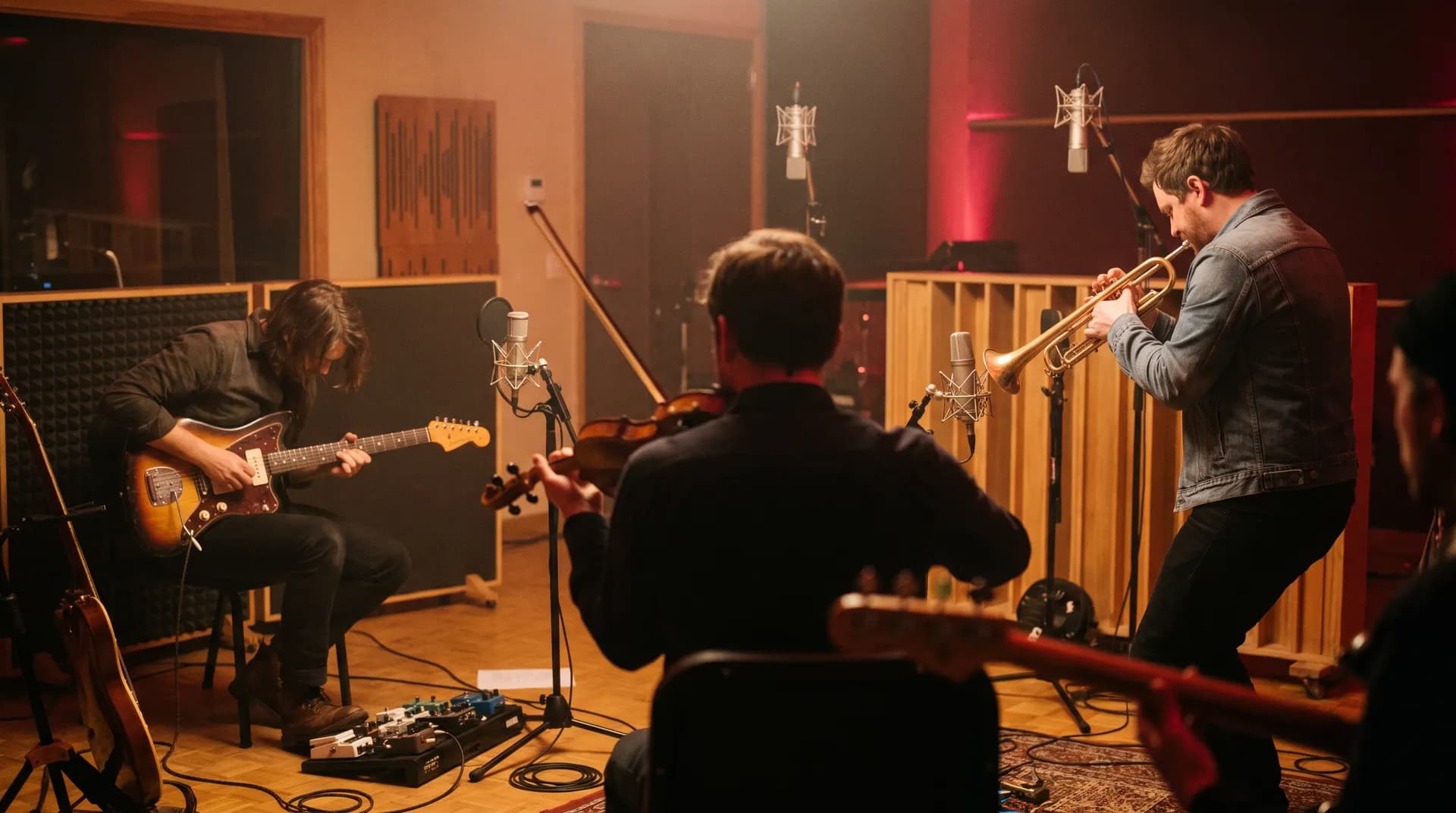 Músicos de sesión grabando en un estudio: guitarra, violín y trompeta